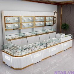 Quầy lễ tân kết hợp tủ kính trưng bày QLT005