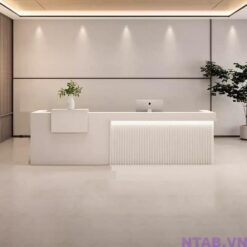 Quầy lễ tân spa trắng ốp lam sóng QLT010