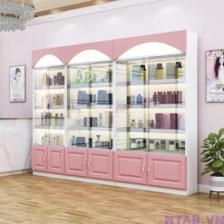 Tủ trưng bày mỹ phẩm hồng phối trắng TTB036