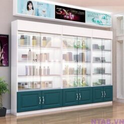 Tủ trưng bày trắng phối xanh 3m x 2m TTB033