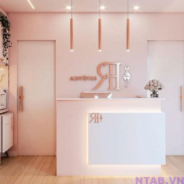 quay le tan chu L hong trang QLT061 Quầy lễ tân chữ L hồng trắng QLT061