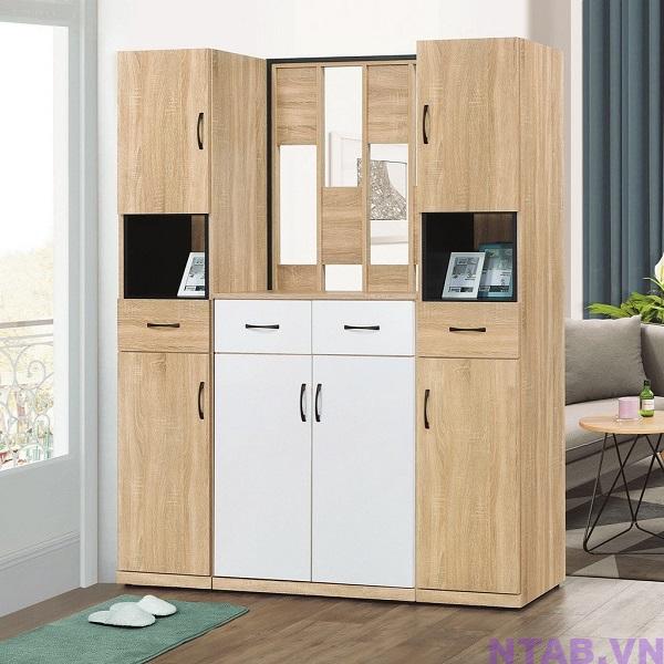 tu vach phong khach trang van go TVN016 Tủ vách ngăn phòng khách trắng vân gỗ TVN016